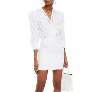 NWT$820 IRO Colm Crochet-Knit Lace V-neck Ruffled Cotton Mini Dress 38 4-6, S